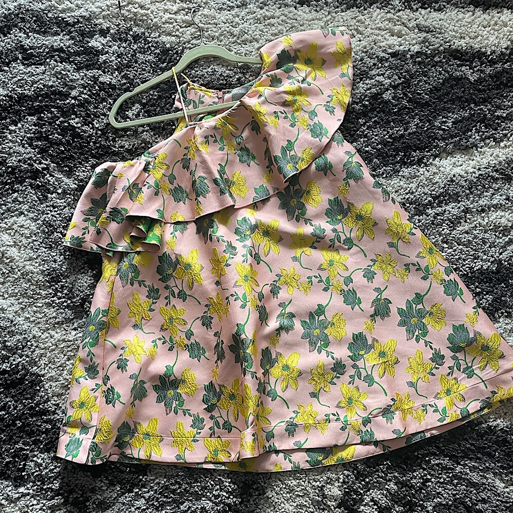 ASOS Jacquard Ruffle One Shoulder Floral Trapeze Mini Dress US 8